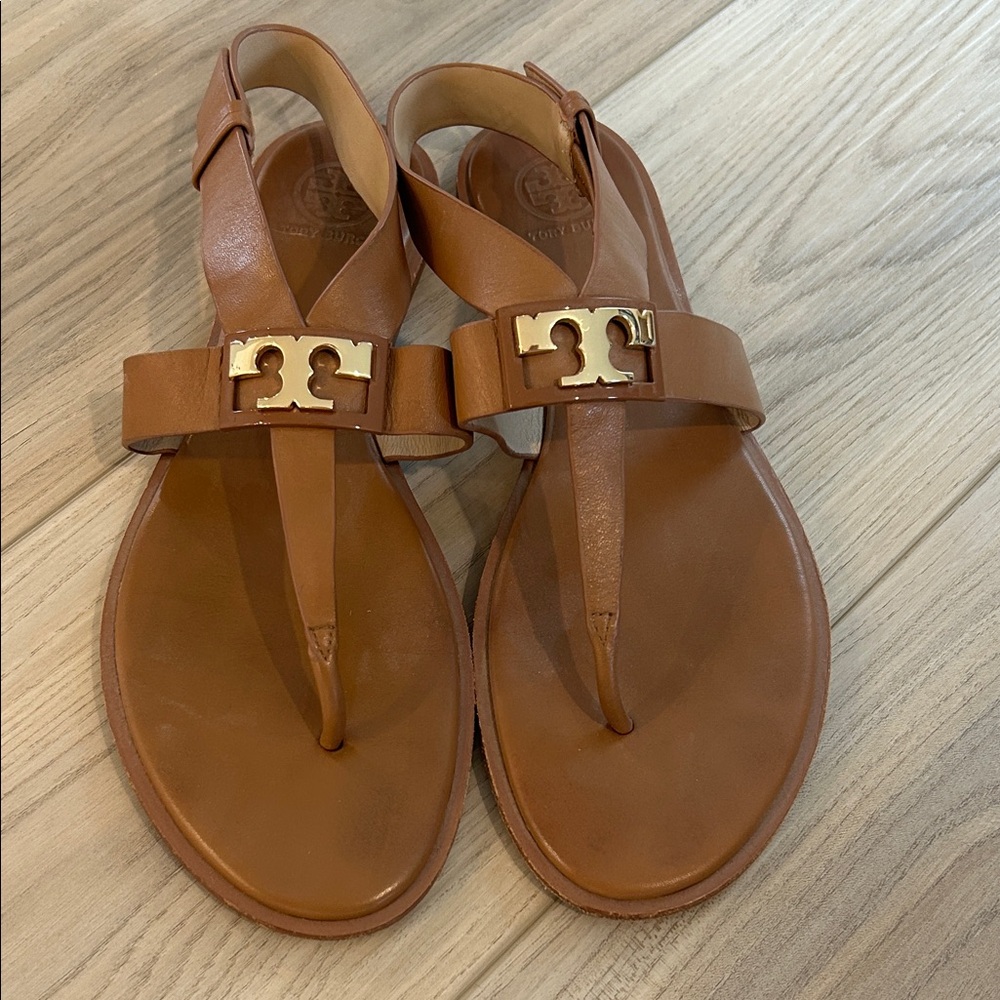 Tory Burch Tan Sandals with Gold Emblem